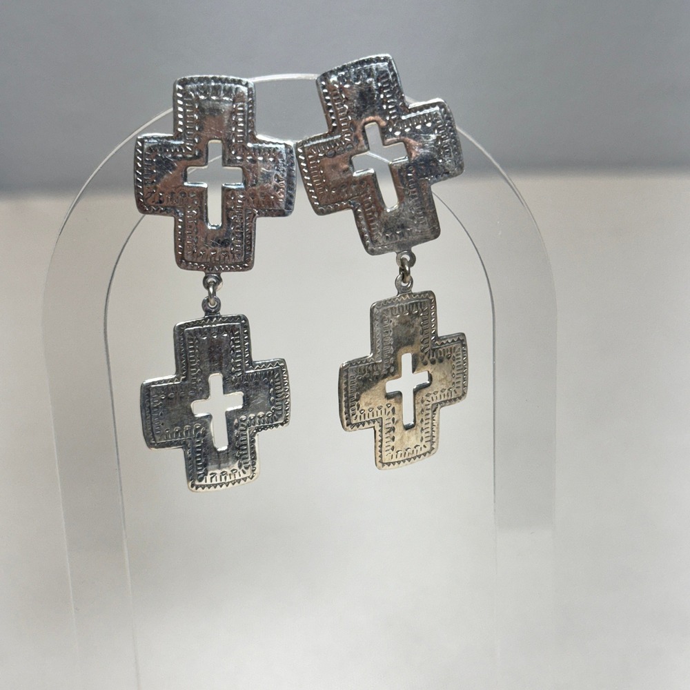 Sterling Silver 925 Thailand Double Cross Dangle Drop Earrings Stamped Etched